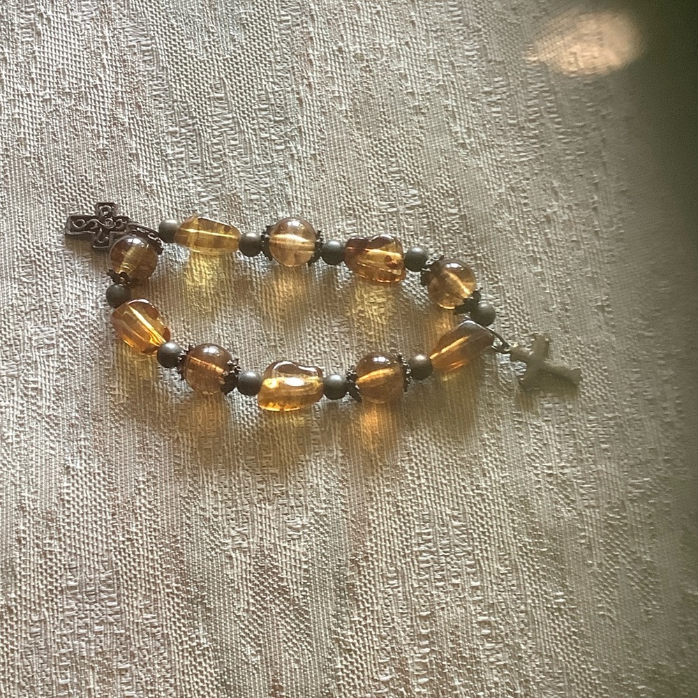 Golden Beaded Bracelet with Cross Charm